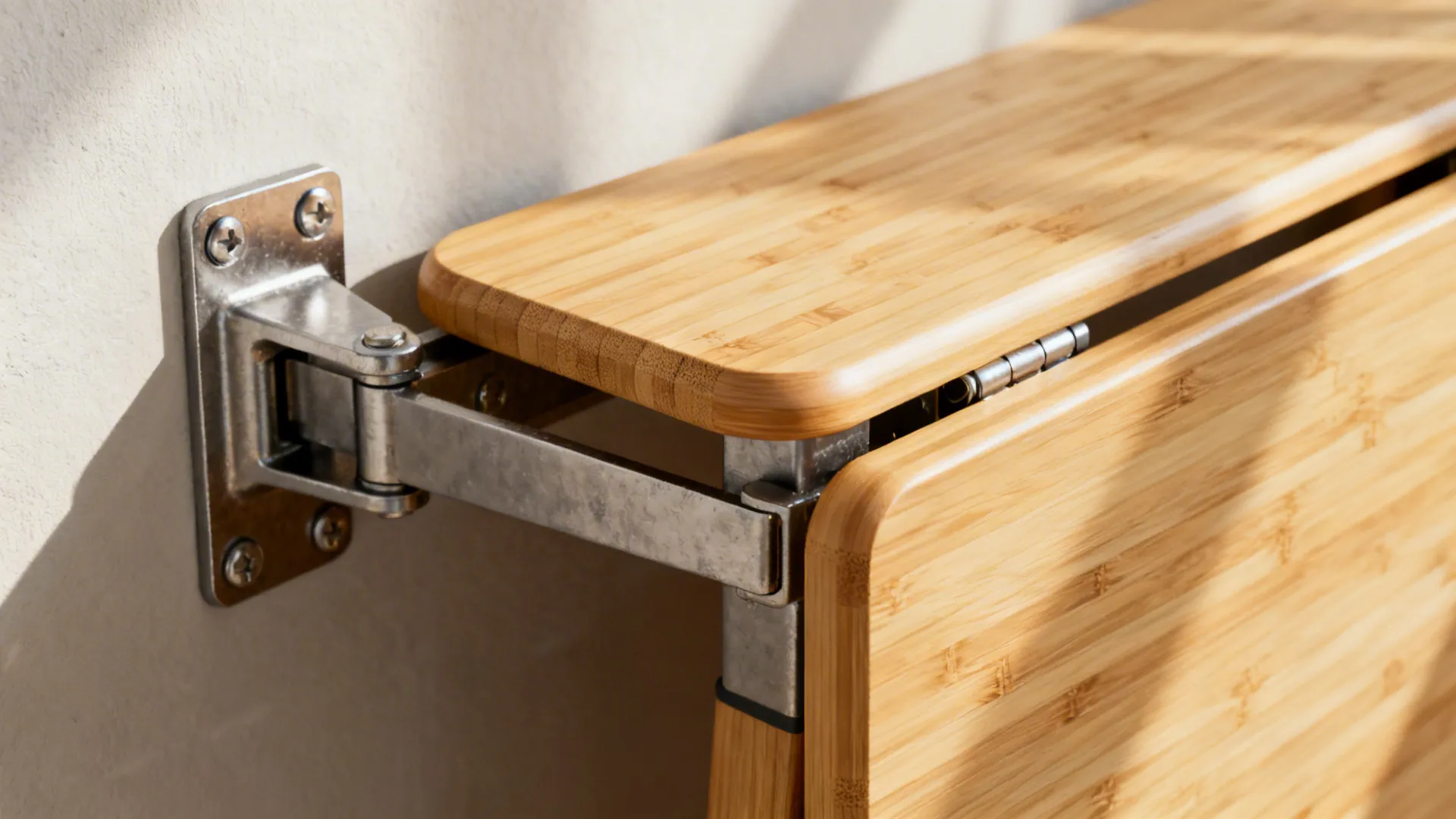Macro of sturdy folding bracket and hinge on a birch drop-leaf tabletop.