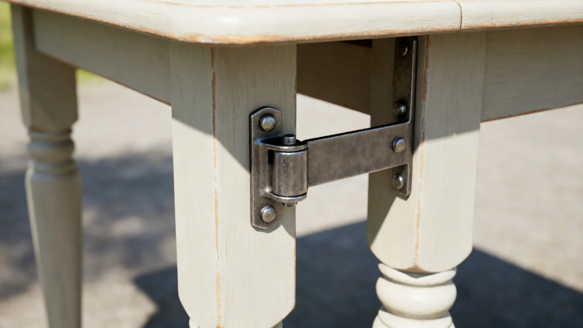 Close-up of sturdy metal supports and hinges on a drop-leaf gateleg table.