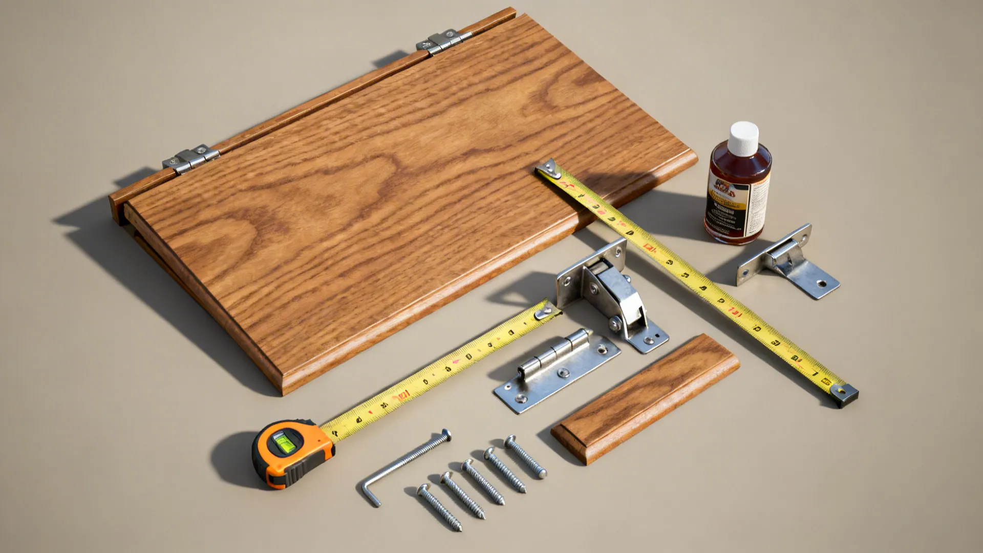 Flat lay of wood veneer panel with concealed folding brackets and hinges for a drop-leaf bar