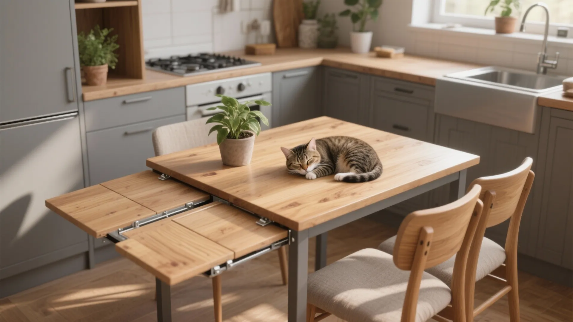 Modern grey kitchen with wooden extendable table, cat sleeping on top, and green potted plant