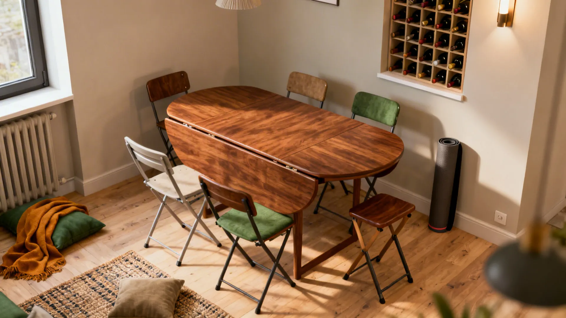 Large wooden dining table with various chairs in a room with wine rack and window
