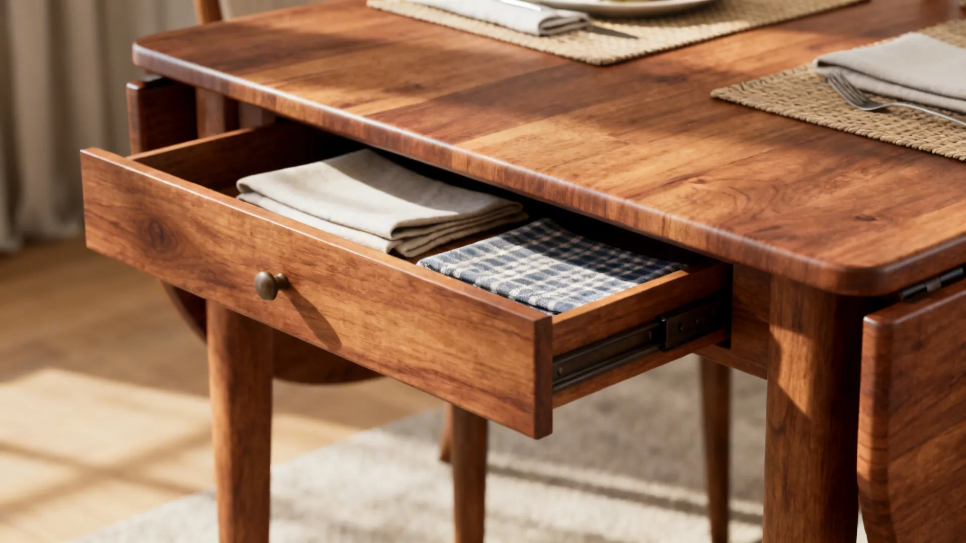 Drop-leaf wooden table with a slim hidden drawer storing placemats and napkins