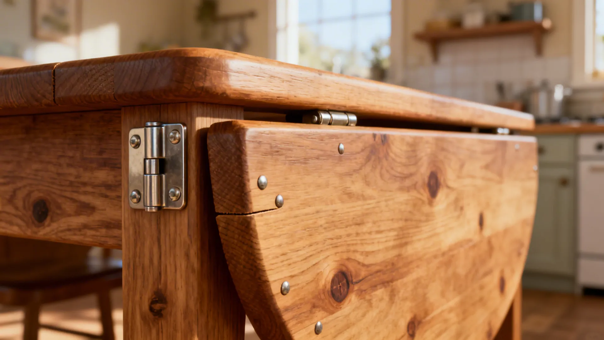Close-up of a sturdy drop-leaf table hinge and thick wooden leaf in a small kitchen.