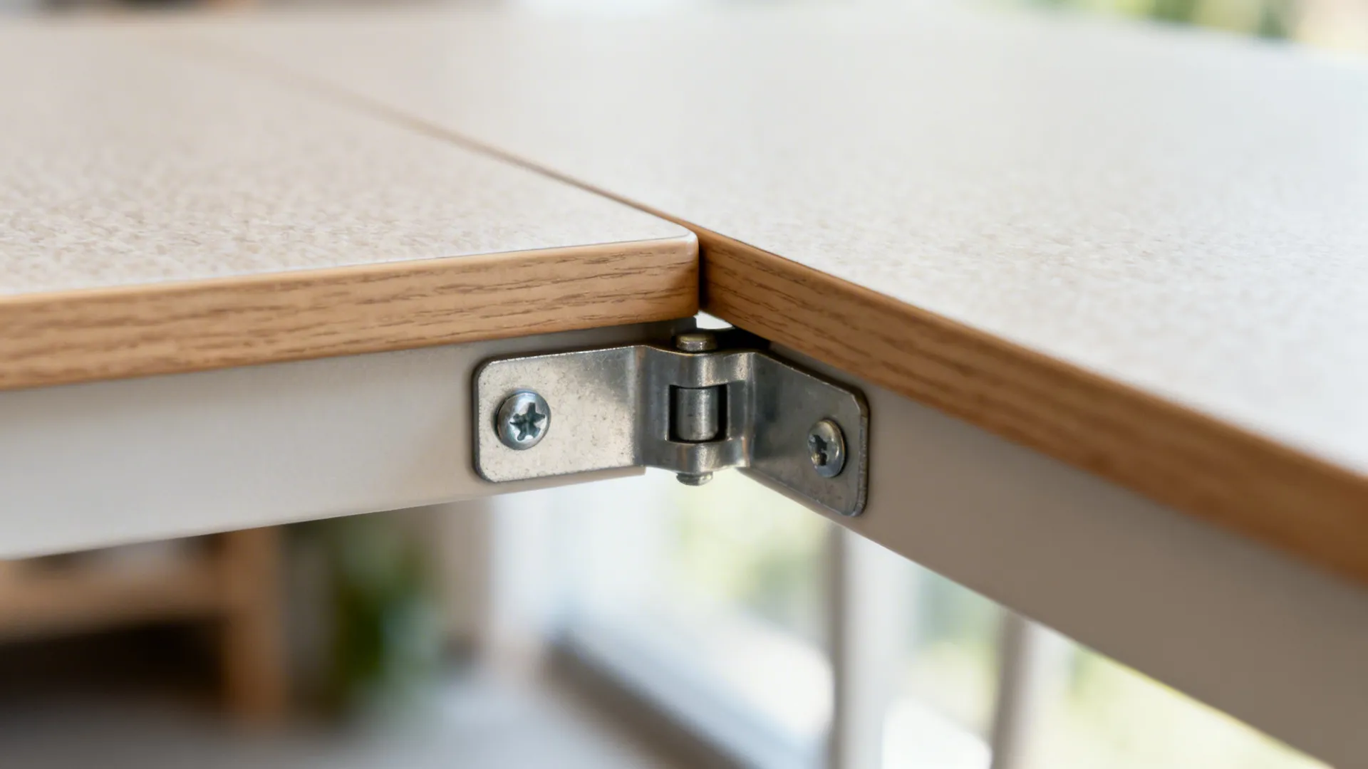 Close-up of drop-leaf table hinge and bracket under a laminate top.