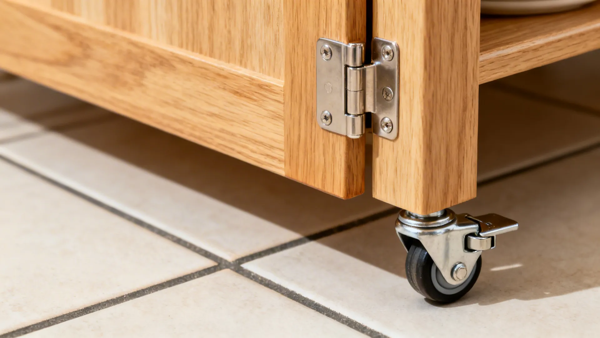 Close up of a wooden cabinet leg with a silver metal hinge and small wheel