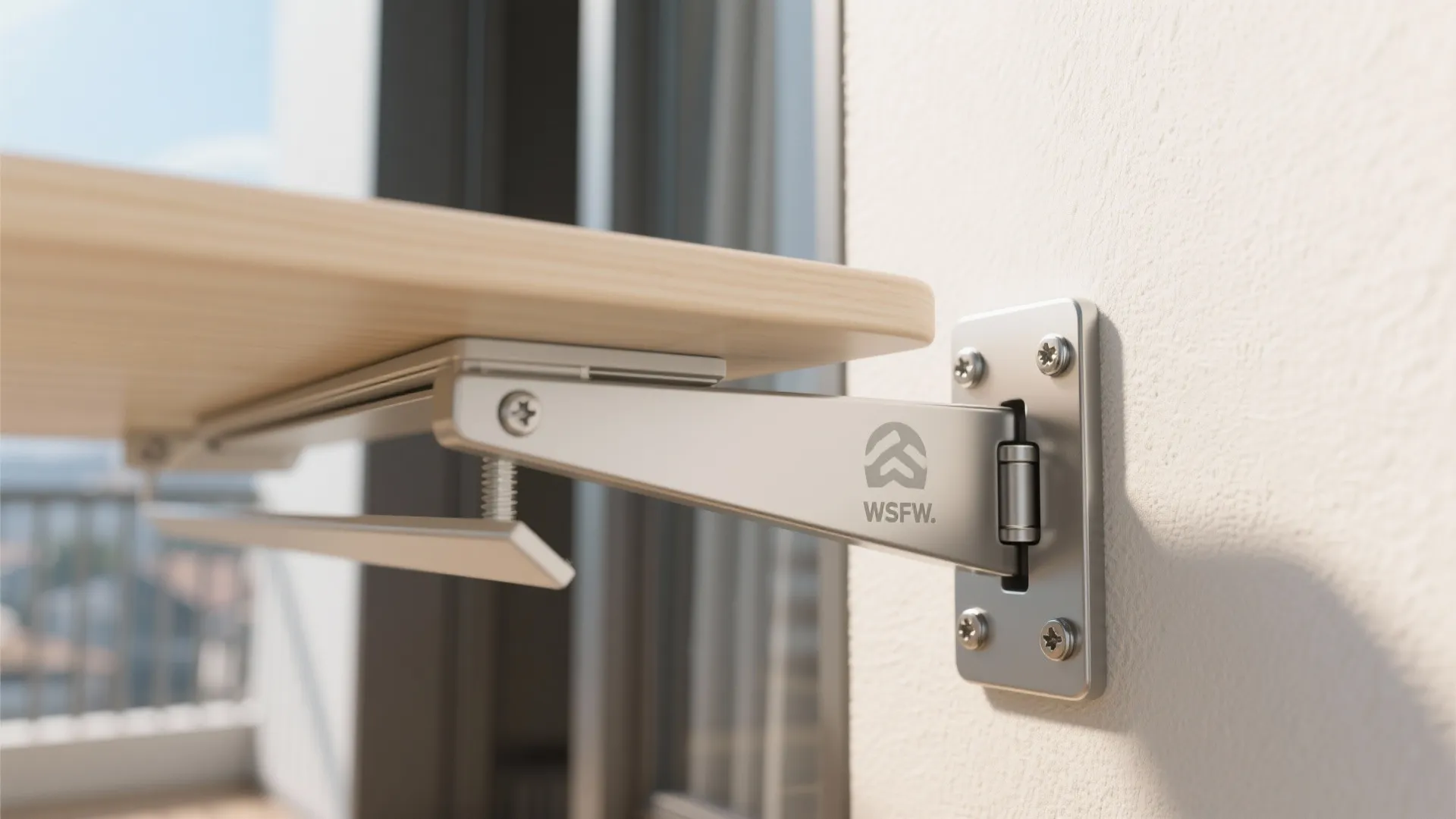 Metal wall bracket supporting a light wood folding table on a balcony with silver screws