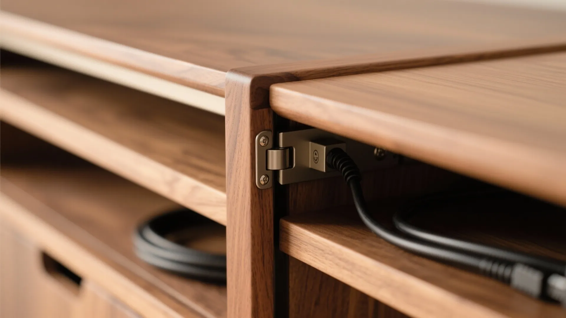 Metal hinge on a dark wooden cabinet with a power cable plugged into a port