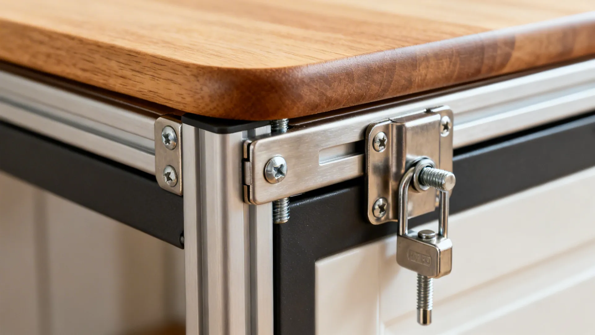 Macro of a drop-leaf trolley hinge and locking support bracket on a wood top.