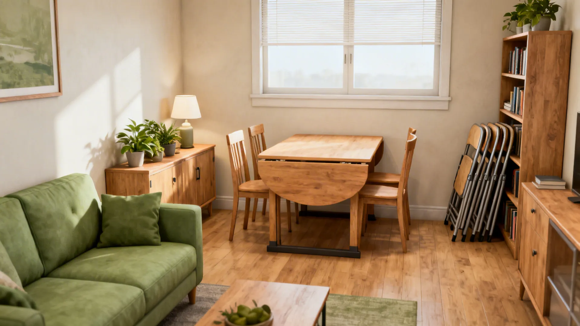 Drop-leaf table behind the sofa acts as a console and converts to a four-seat dining surface with stackable chairs nearby.