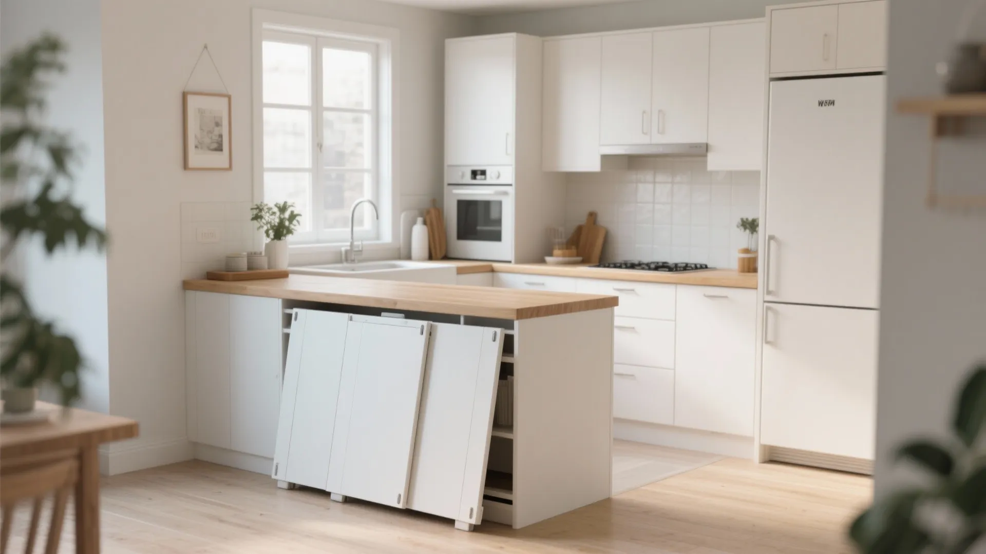 Bright white kitchen featuring a folding wooden table attached to the island for space saving