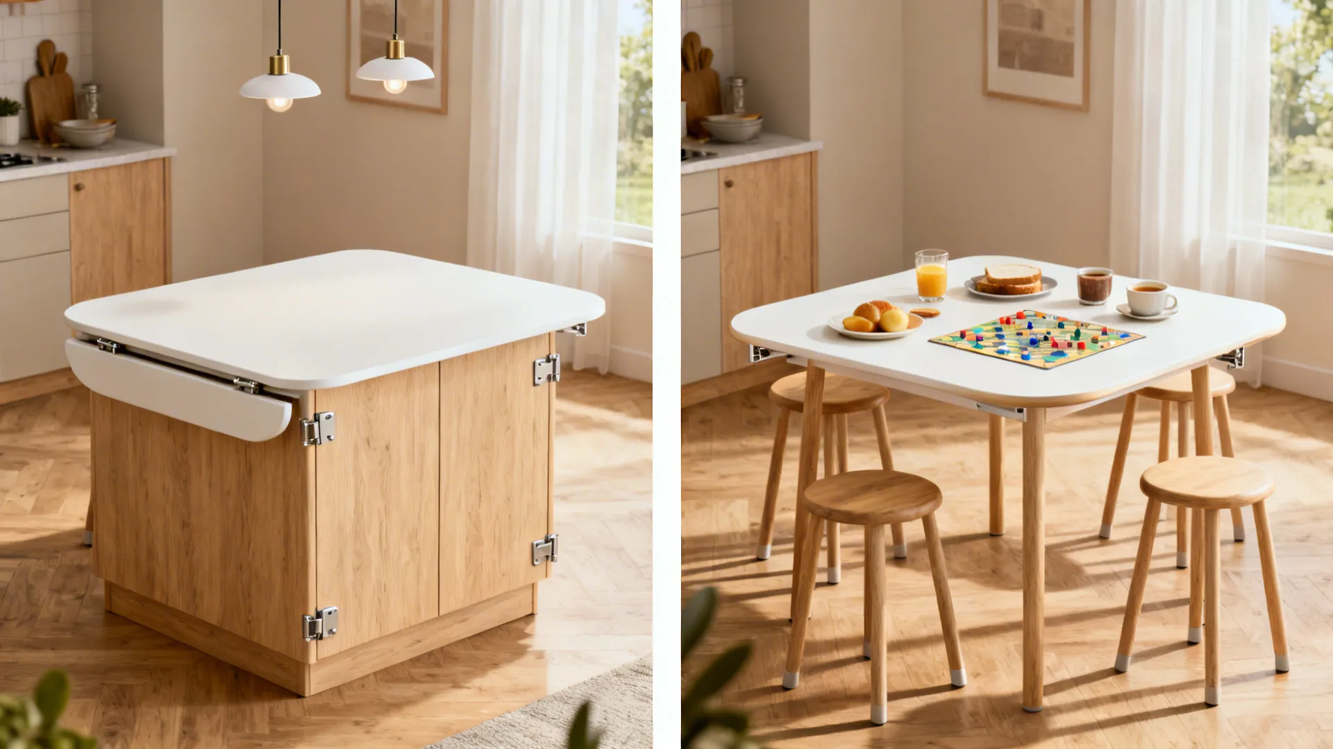 Compact island with dual drop leaves shown closed for prep and opened for dining.