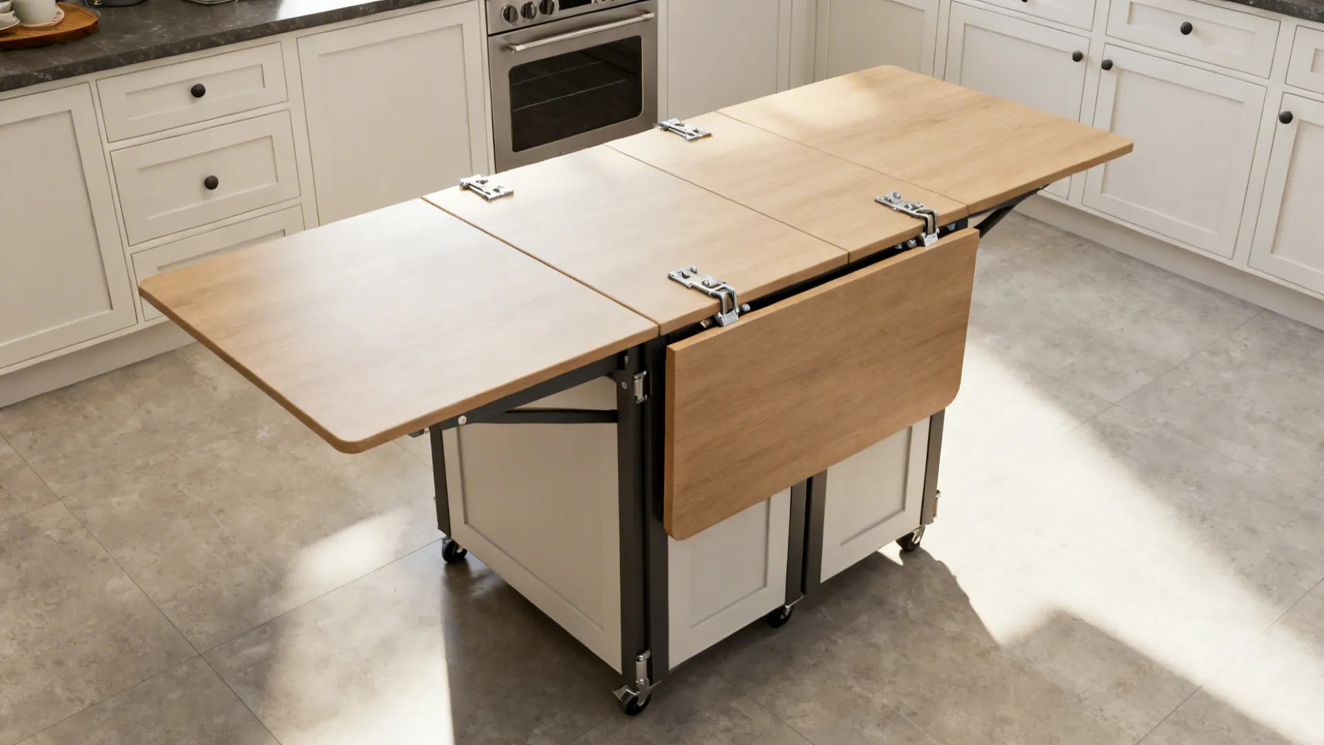 Studio kitchen showing a drop-leaf island folded down and extended, highlighting transformable workspace.