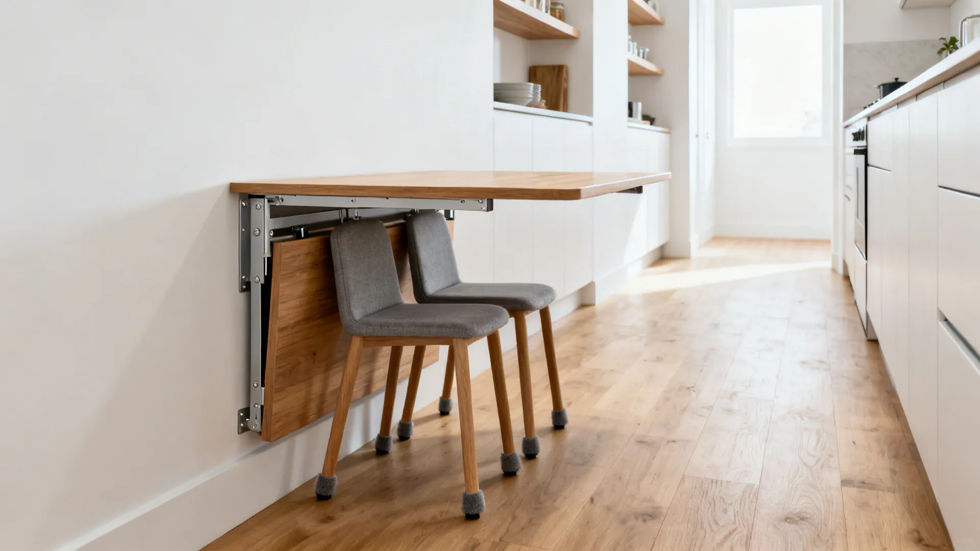 Wall-mounted slim drop-leaf table in a tight kitchen, folded and extended for two seats.