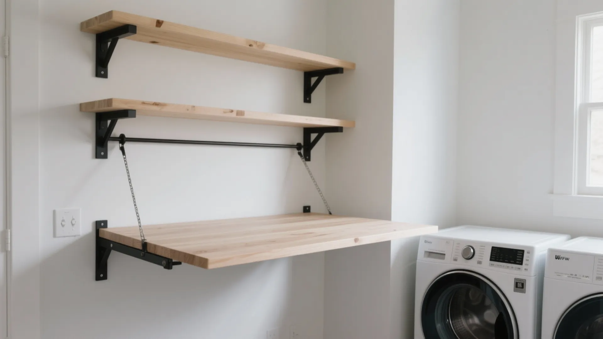 Laundry room wall with wooden folding table and open shelves above two white washing machines