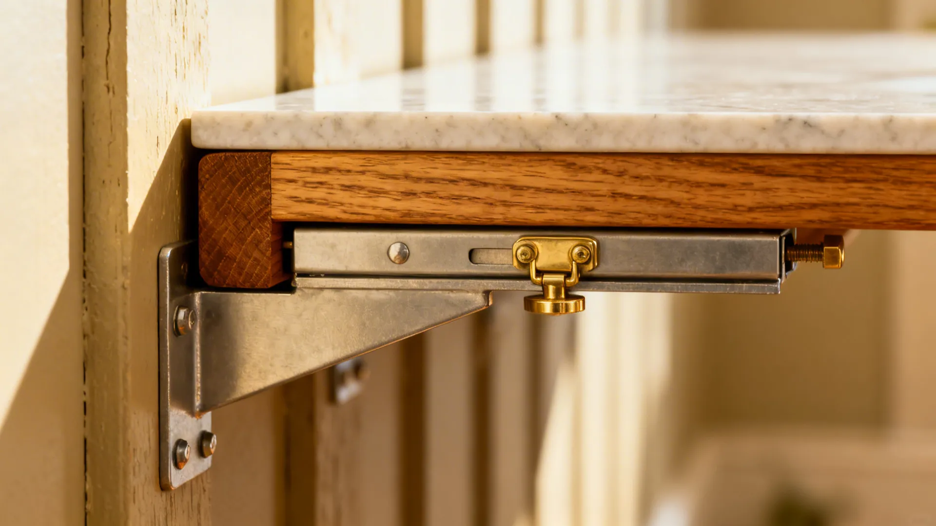 Macro view of a drop-leaf ledge with sturdy brackets and oak edge in soft daylight.