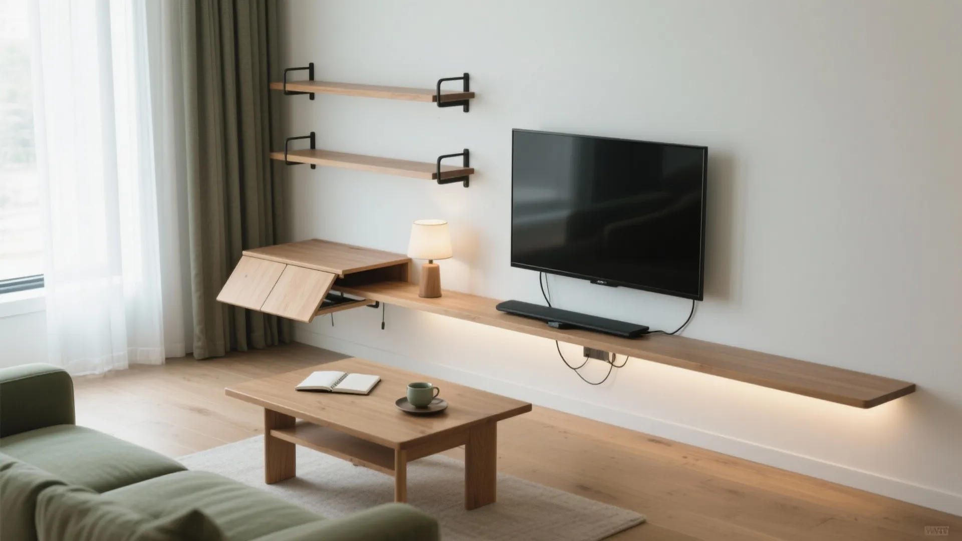 Wall-Mounted Drop-Leaf + Media Wall That Works Overtime