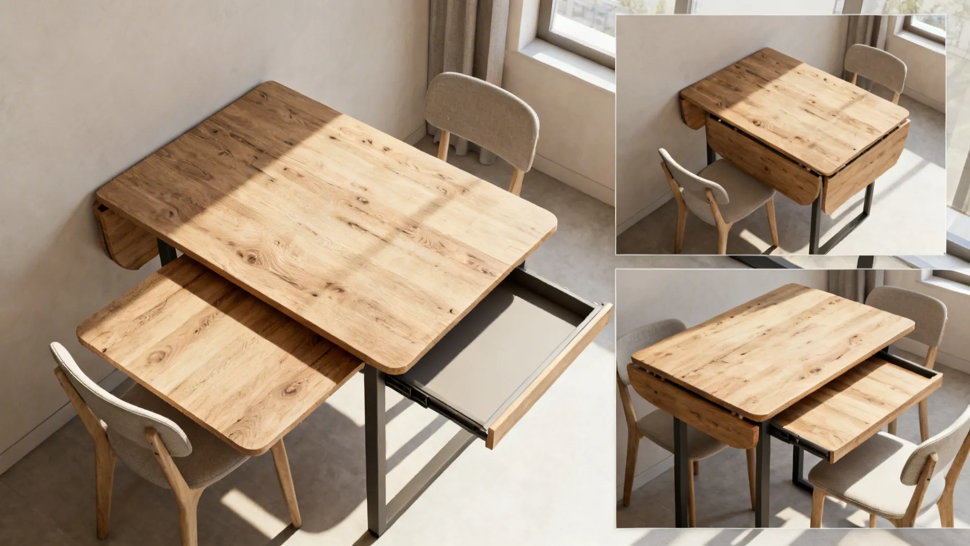 Drop-leaf table folded and expanded with nesting tables as extra surfaces in a small dining corner