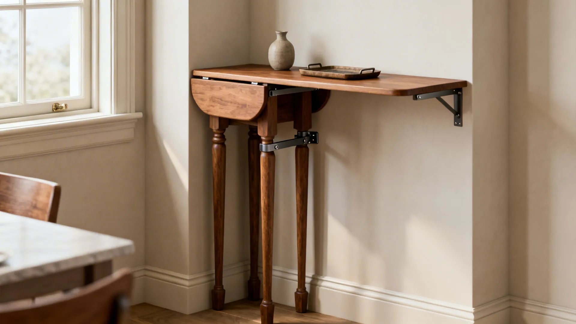 Slim drop-leaf table folded and half-extended in a narrow dining nook with reinforced bracket