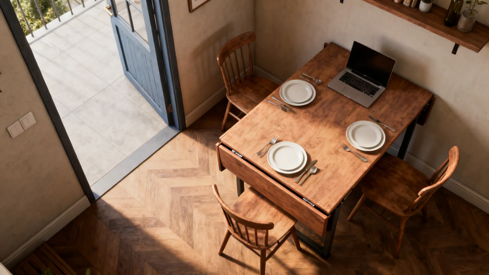 Top-down view of a multifunctional nook with an extended drop-leaf table used as dining and workspace