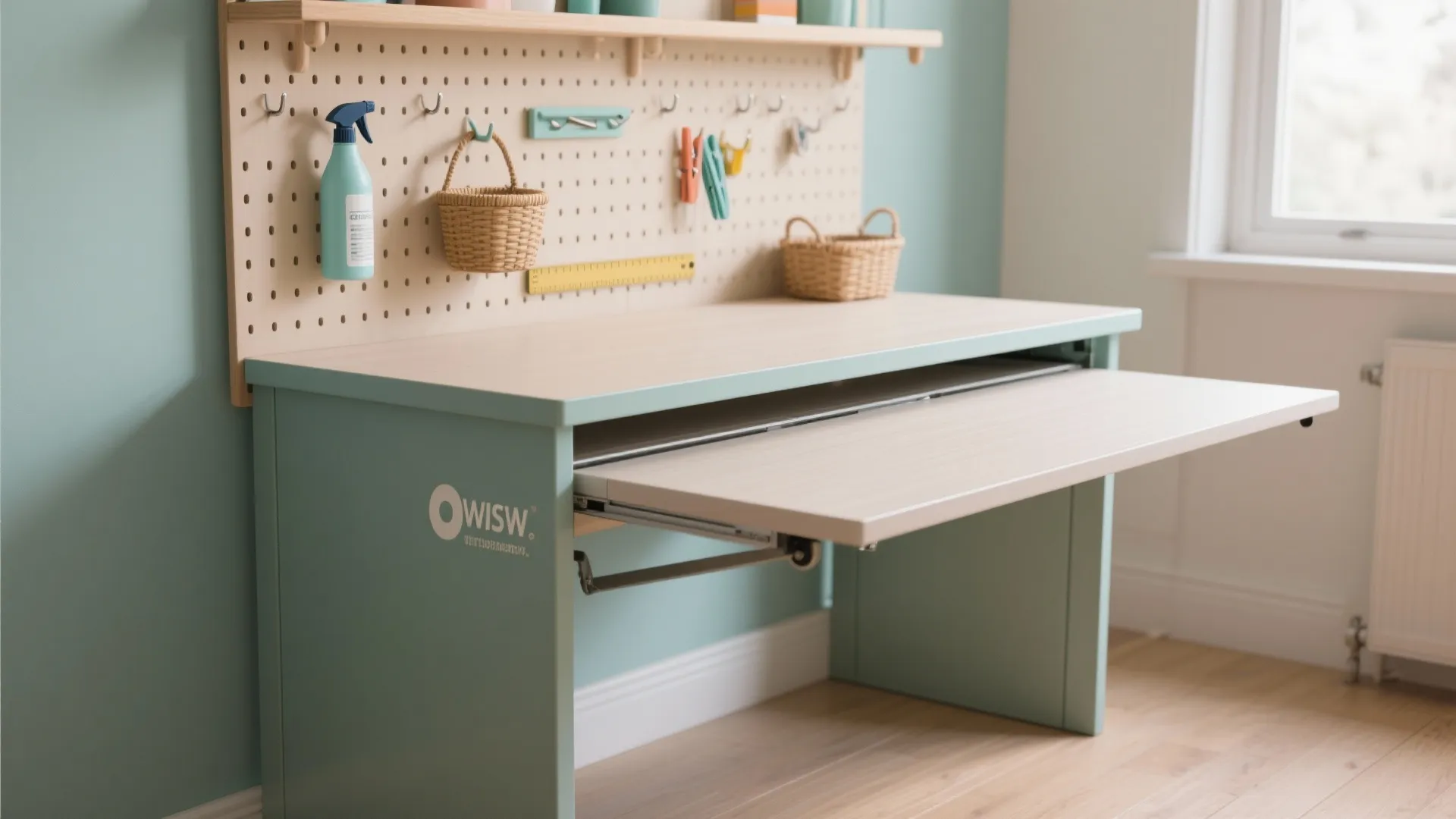 Mint green desk with a pull out wooden surface and a pegboard holding craft supplies