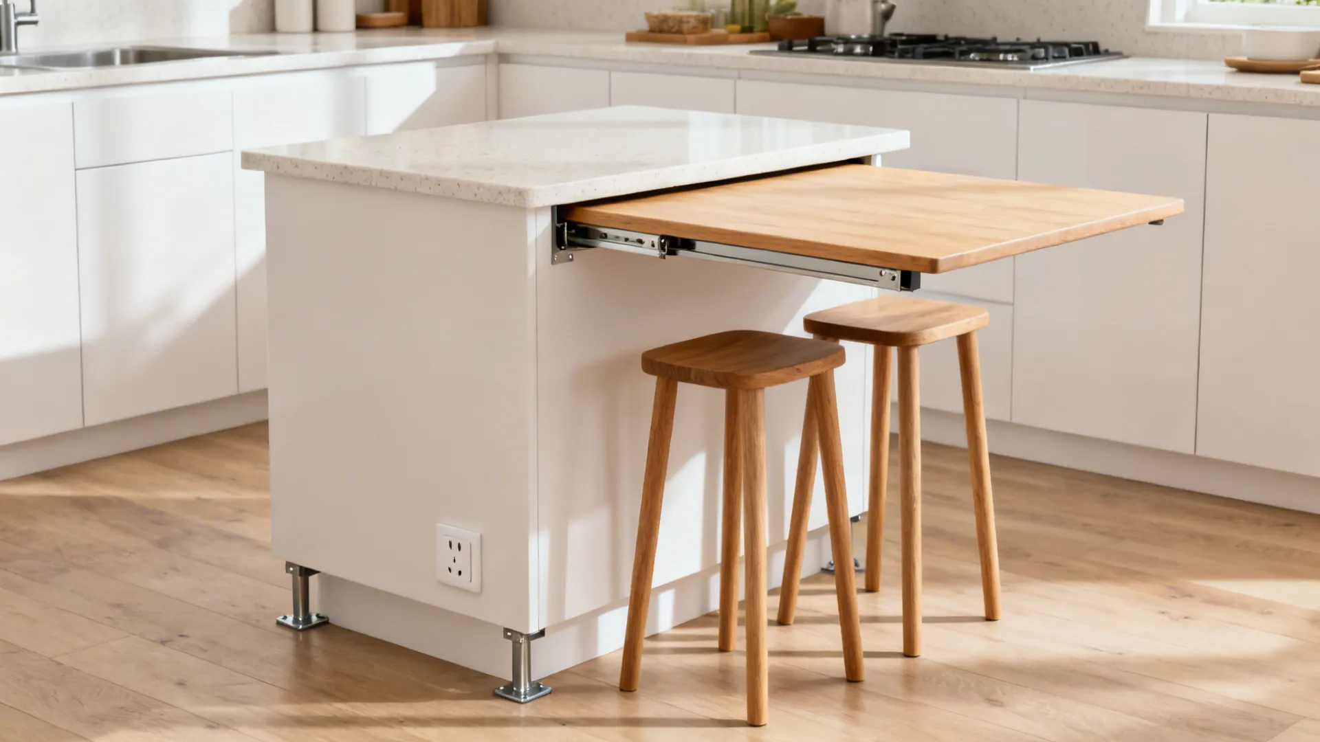 Compact kitchen with a drop-leaf peninsula providing two seating spots.