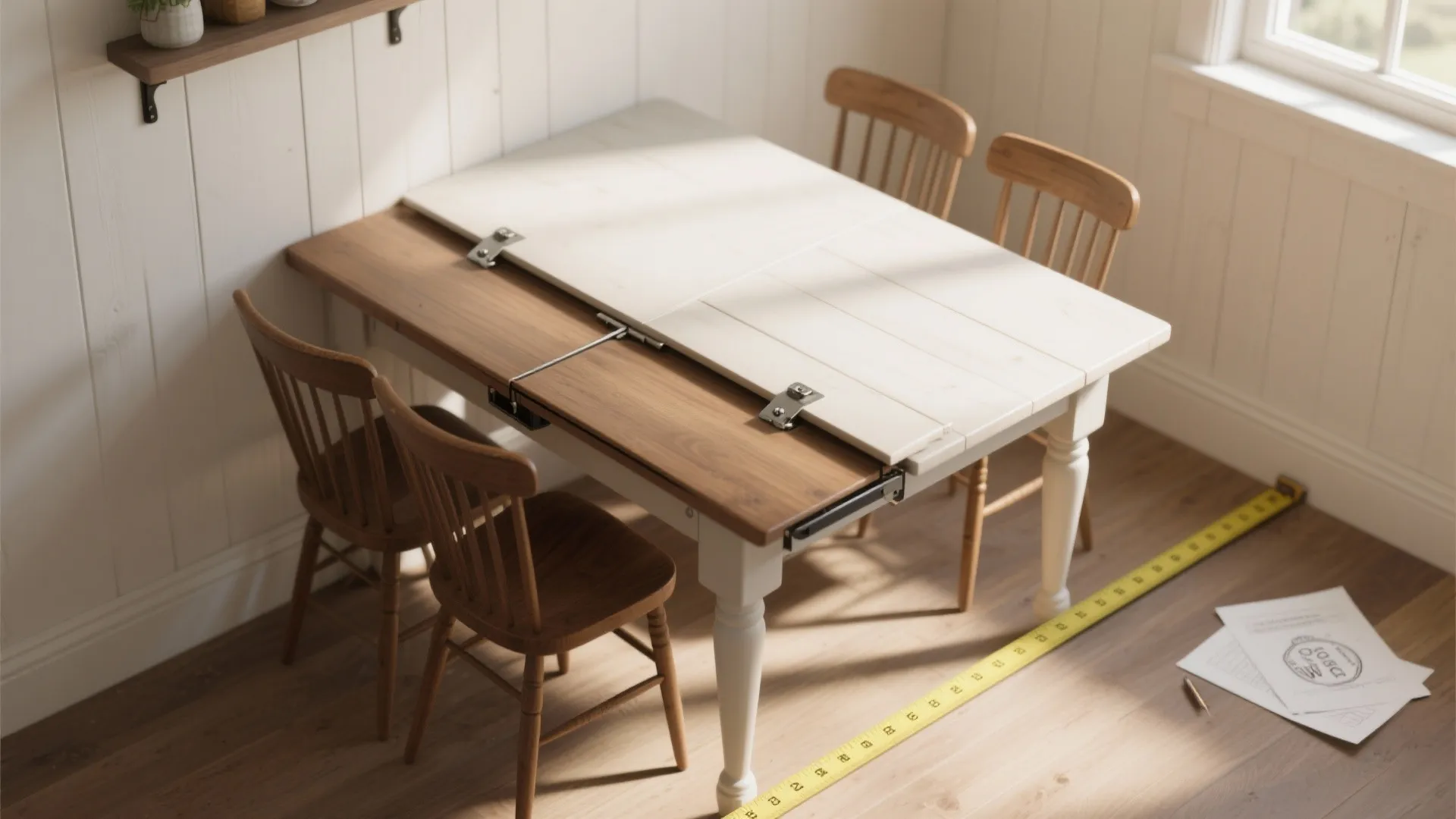 White dining table with wooden extension top measured with a yellow tape measure on floor