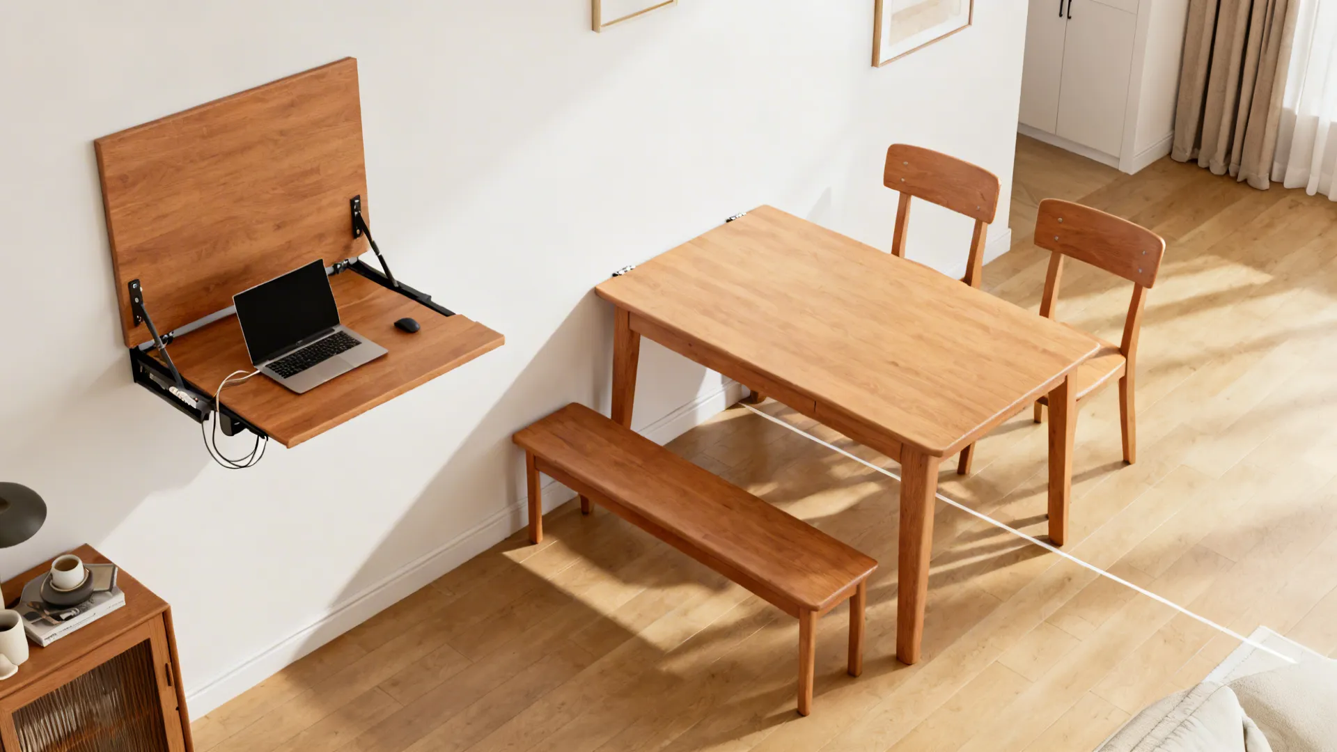 Top-down view of a drop-leaf wall table transforming from desk to dining for four.