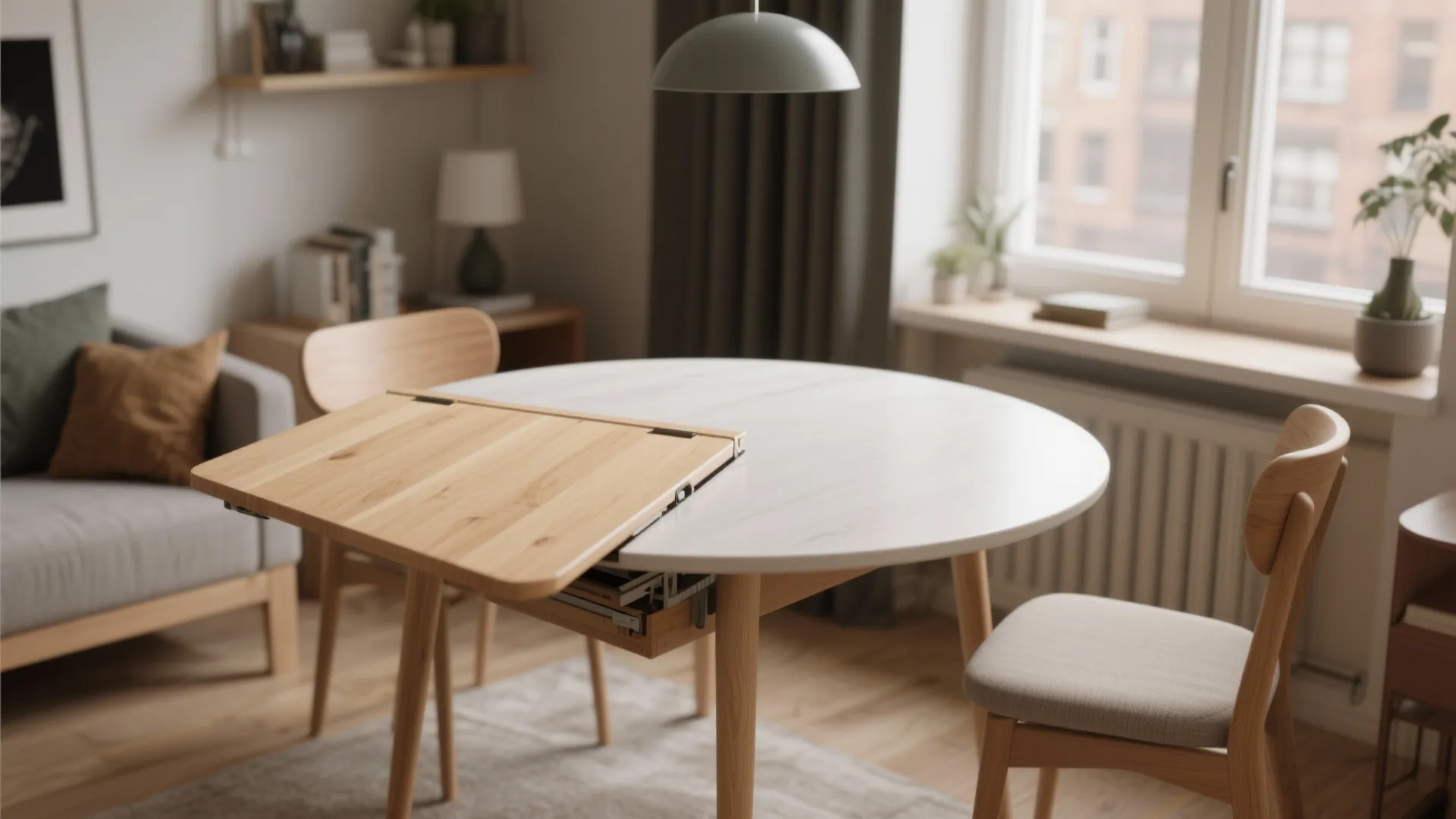 Extendable round dining table with a wooden leaf extension shown in a bright living room