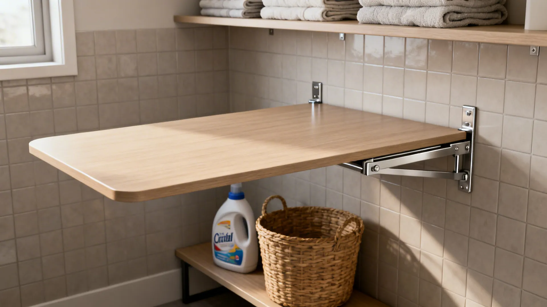 Drop-leaf wall-mounted table with slim storage shelf holding detergent and a basket in a small laundry room.