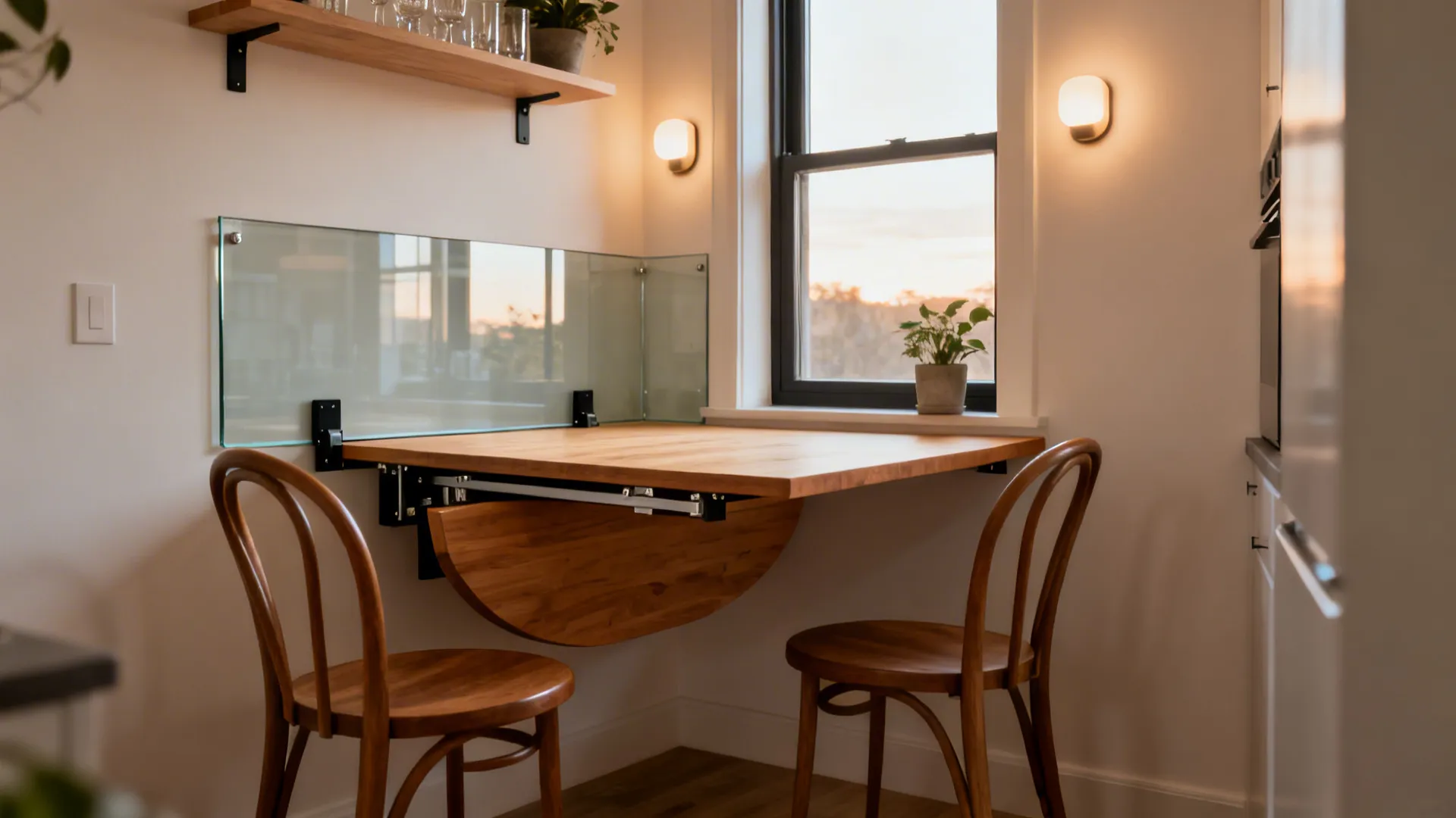 Wall-mounted drop-leaf table with two slim curved-back chairs by a bright window.