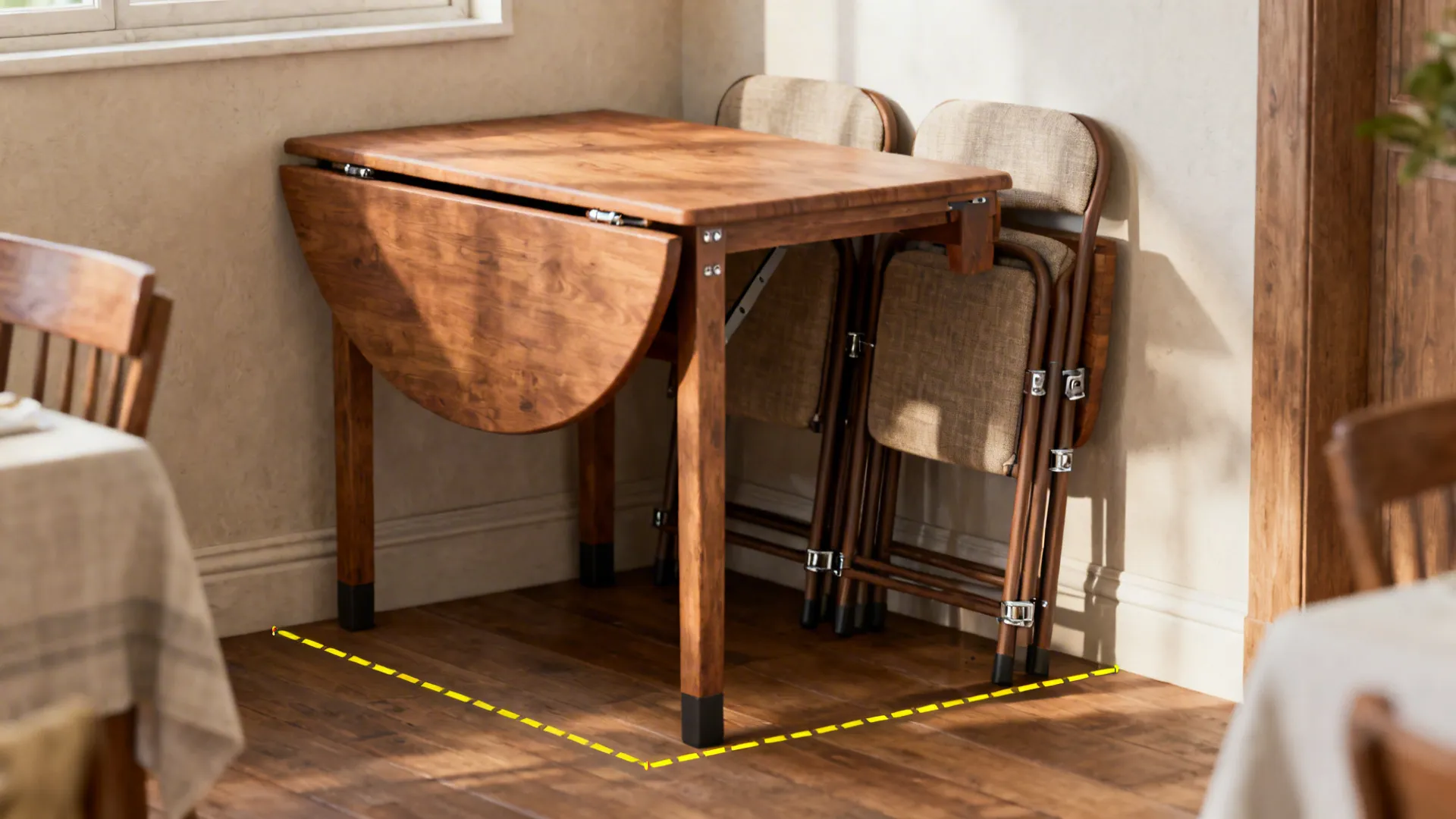 Drop-leaf table half-folded with stackable chairs tucked away in a compact dining corner.