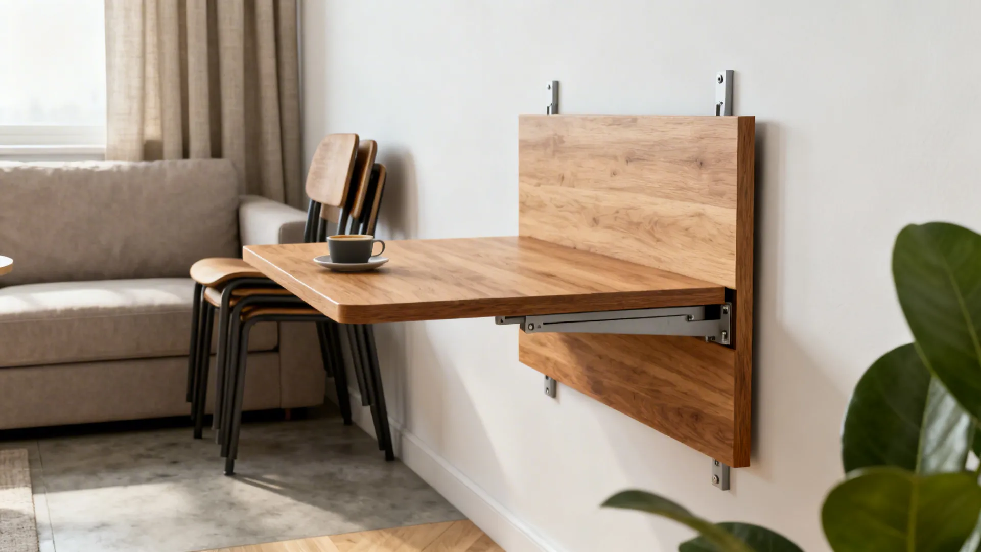 Wall mounted folding wooden table with coffee cup next to stacked chairs and a sofa