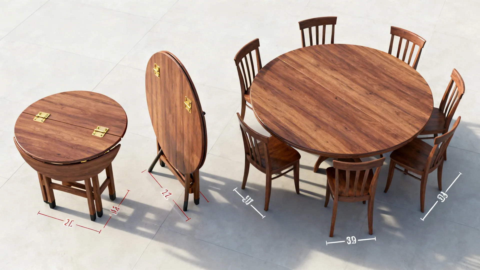 Top-down view of a drop-leaf round table folded, mid-open, and fully extended to seat six