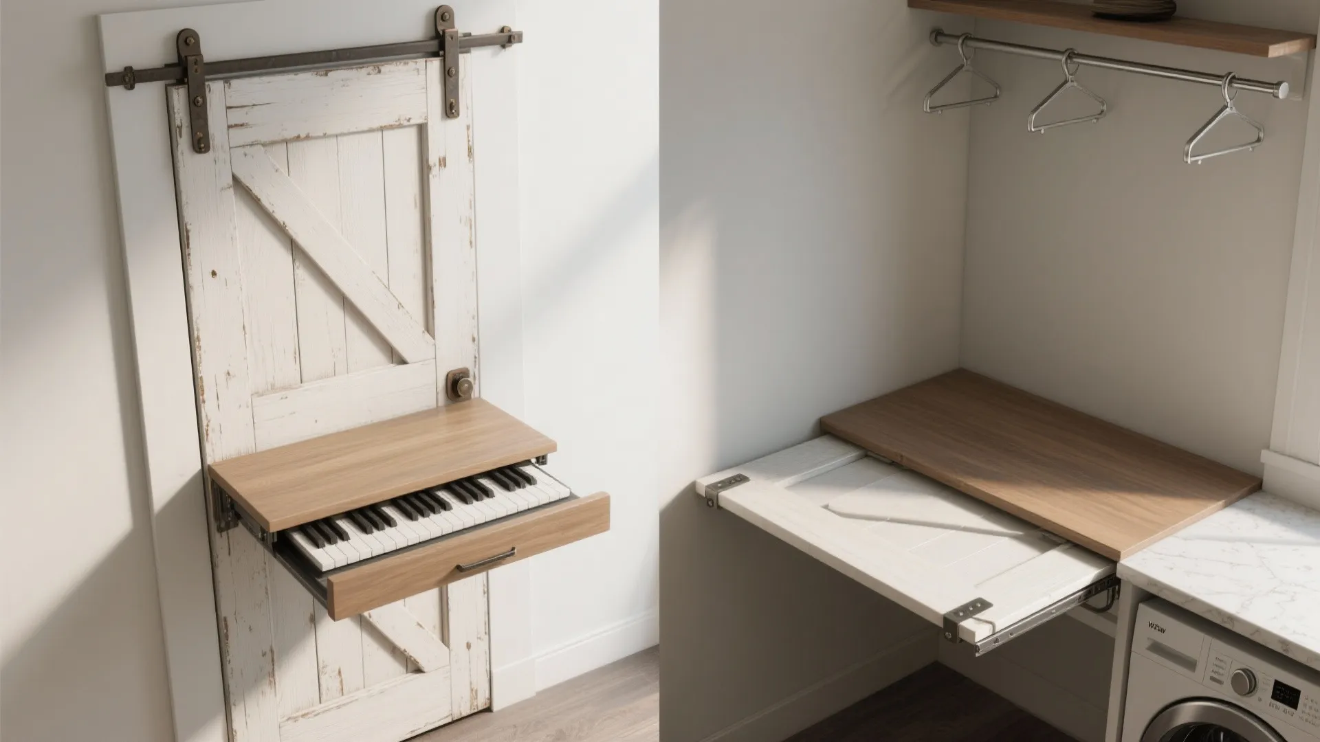 Comparison showing a wall mounted piano desk next to a pull out laundry folding table