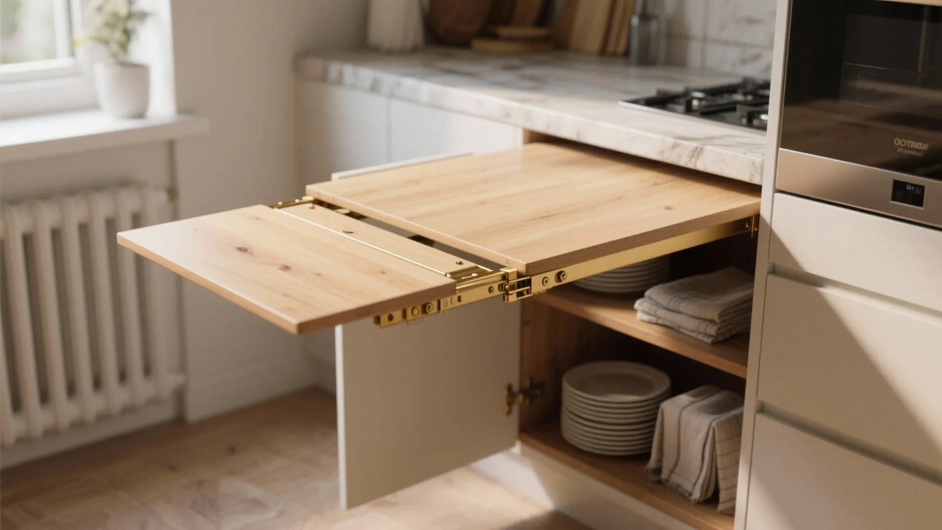 Pull out wooden table surface extending from white kitchen cabinet with plates on lower shelves