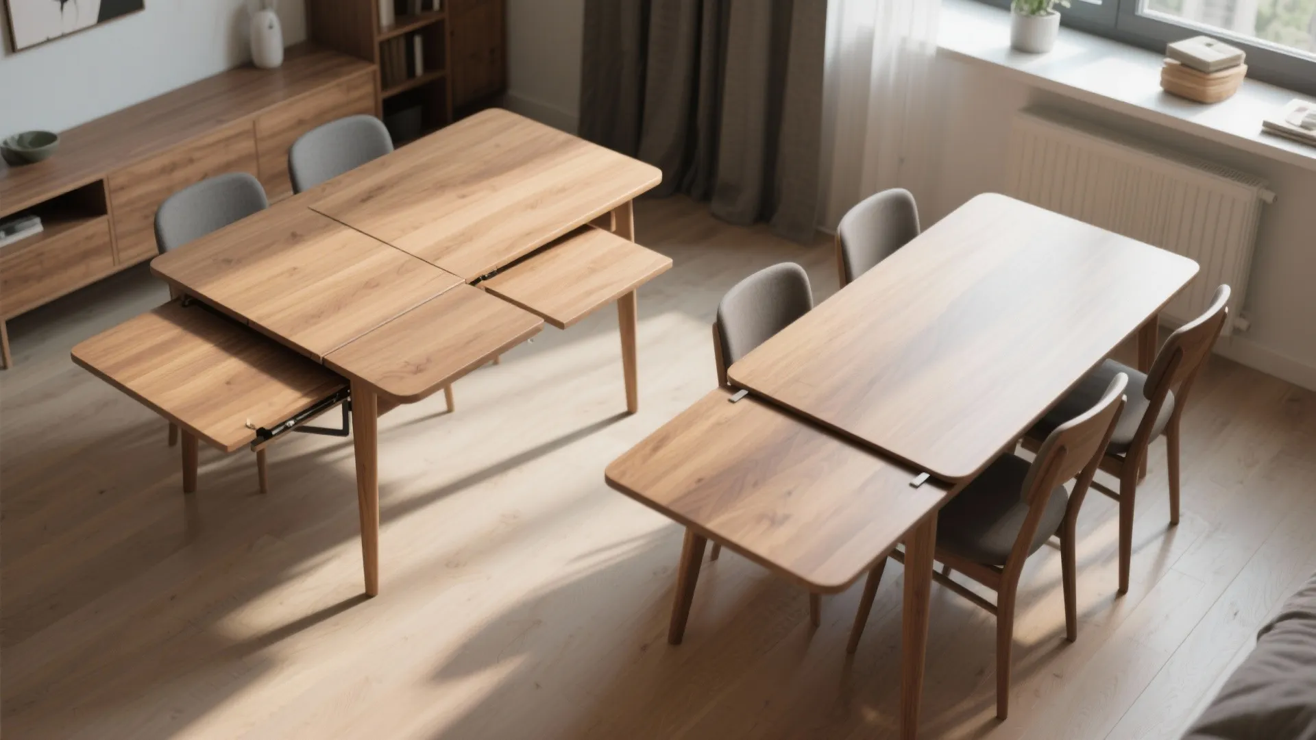Two expandable wooden dining tables showing different extension positions with grey chairs in a room