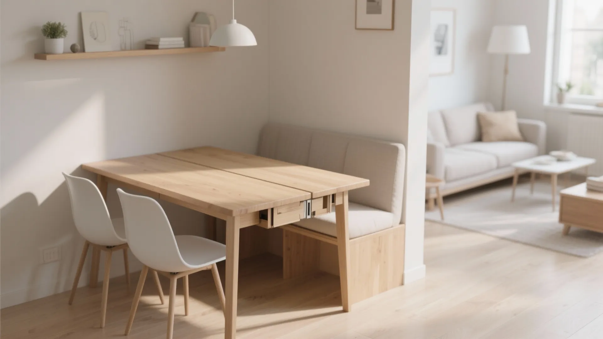 Modern wooden dining table with white chairs and booth seating in a bright living room