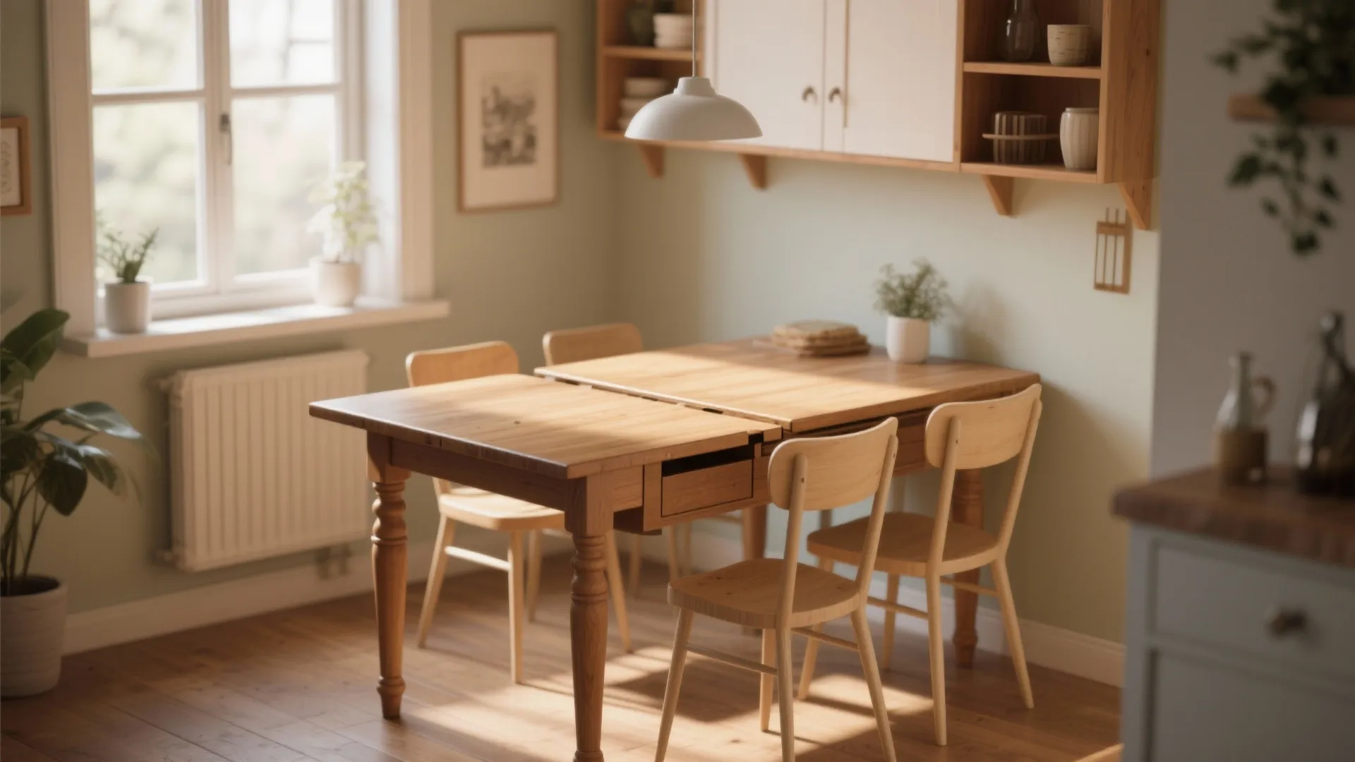Wooden dining table with extension leaf wooden chairs green walls shelf and white ceiling light