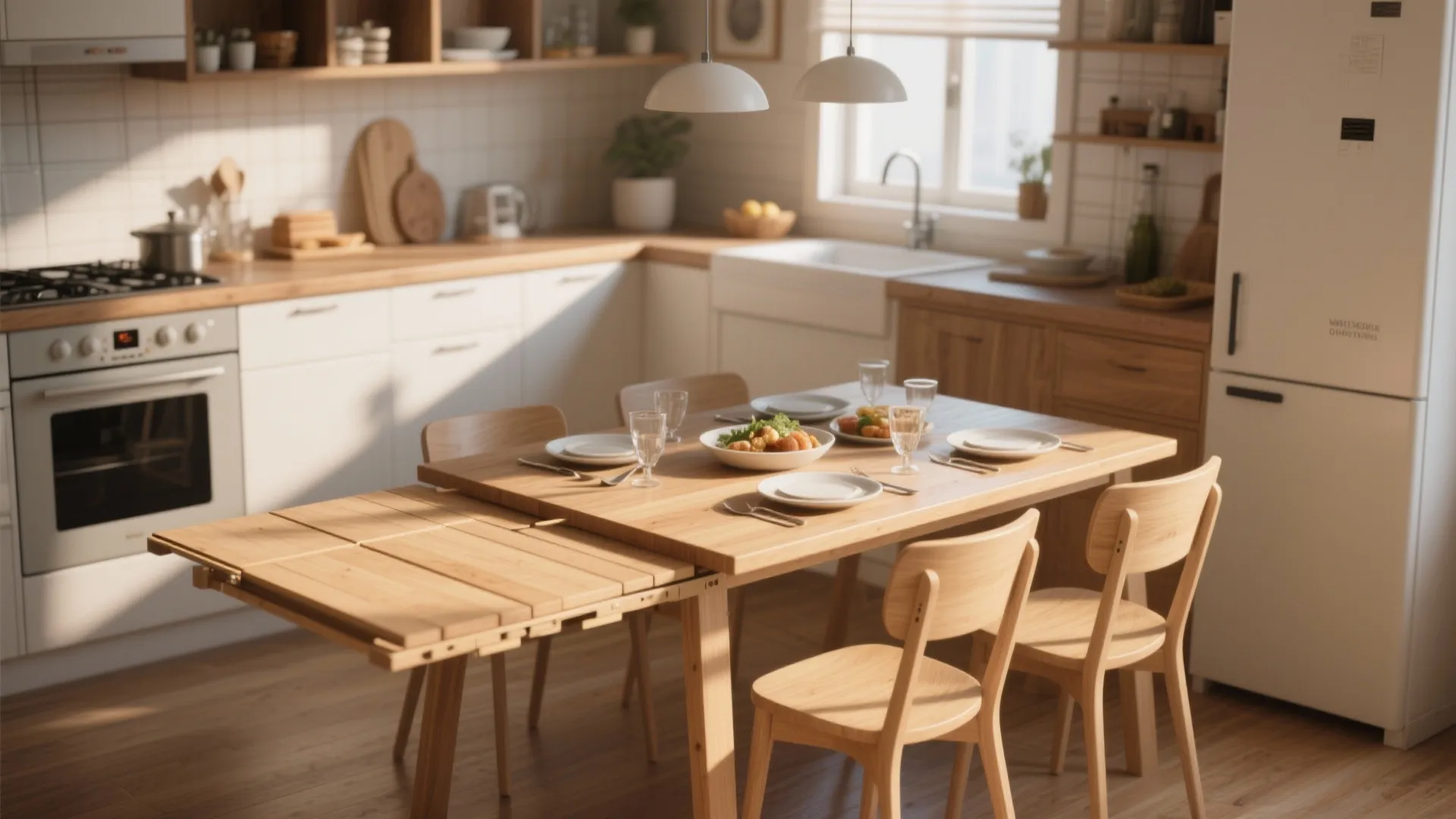 Bright kitchen featuring extendable wood dining table, matching chairs, white fridge, and warm sunlight window