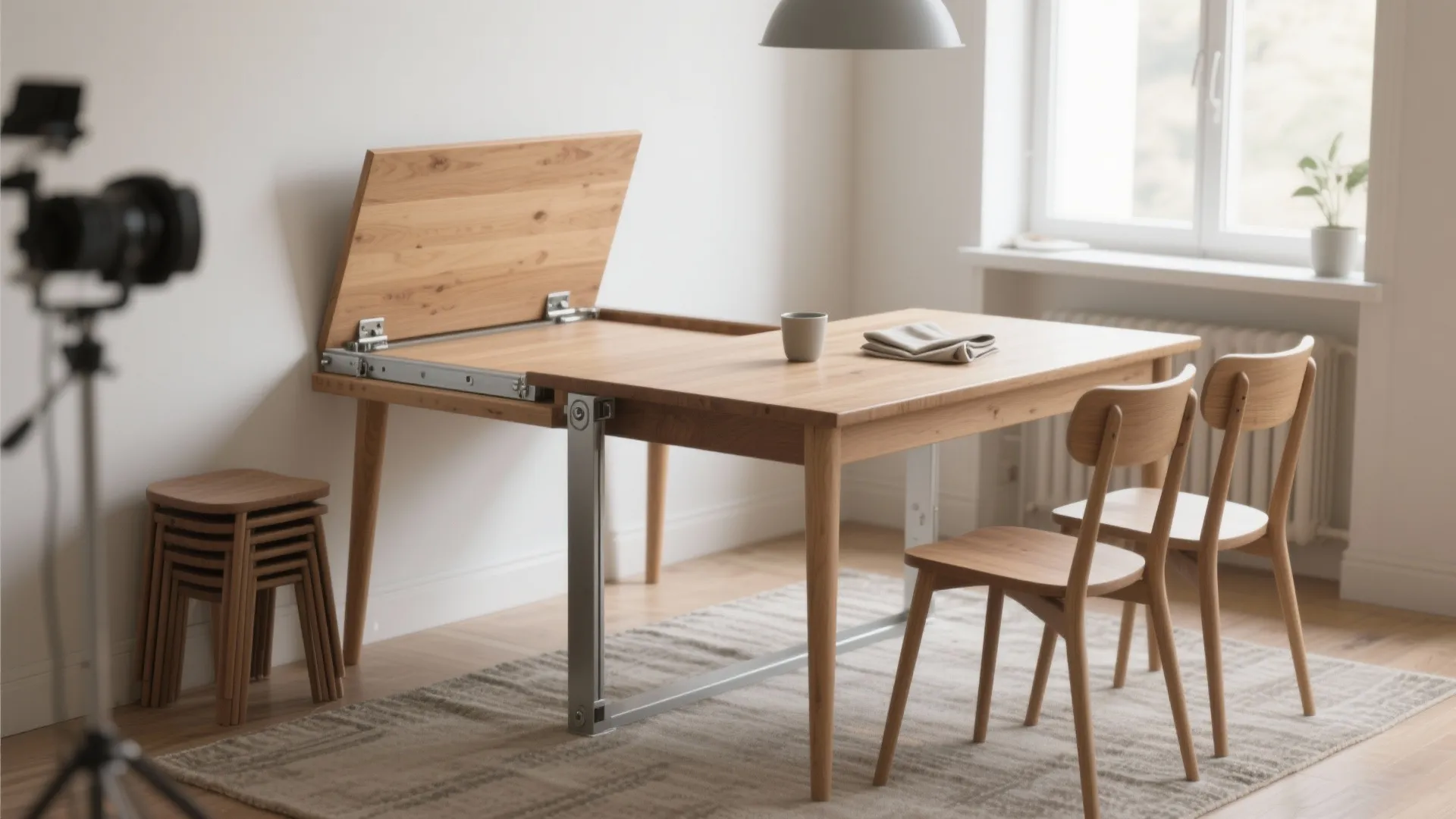 Wooden dining table with folding leaf section next to two chairs and stacked wooden stools