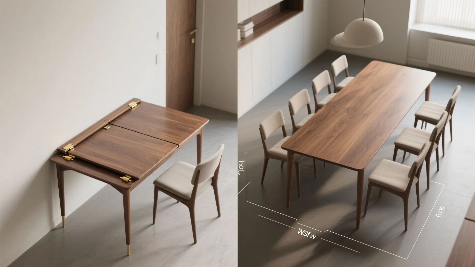 Comparison of a small wooden folding table versus a large extended dining table with eight chairs