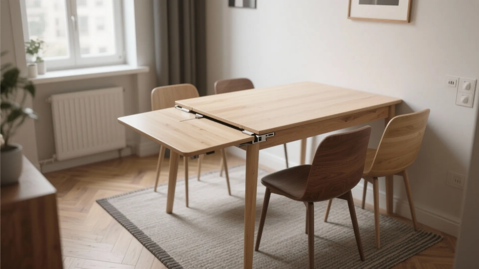 Extendable wooden dining table with a pull out leaf and four chairs on a grey rug