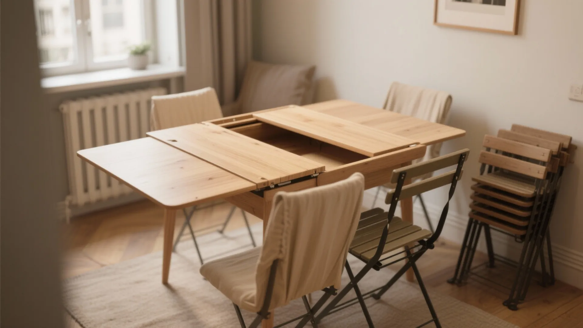 Light wood dining table with an adjustable top being expanded in a small dining room