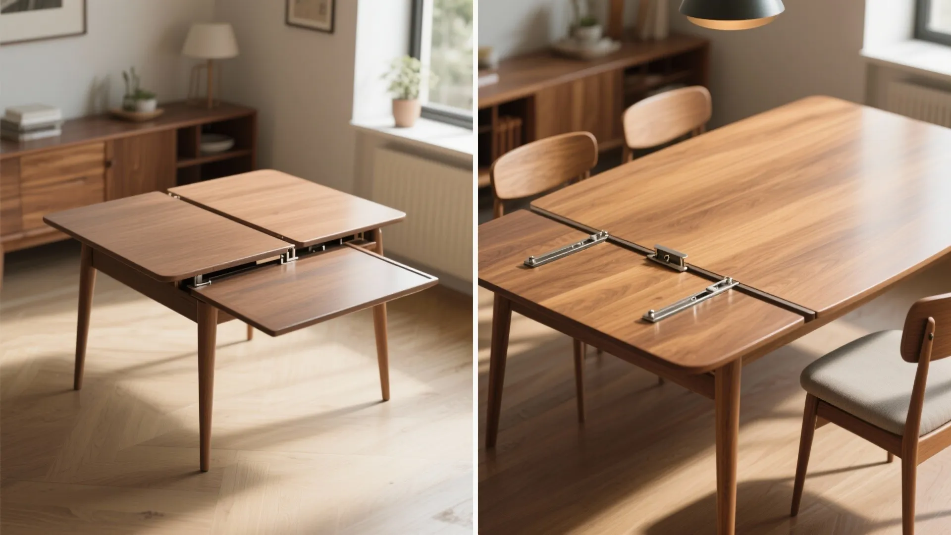 Before-and-after view of a mid-century drop-leaf table folded and expanded in a small dining space, showing hinge detail.