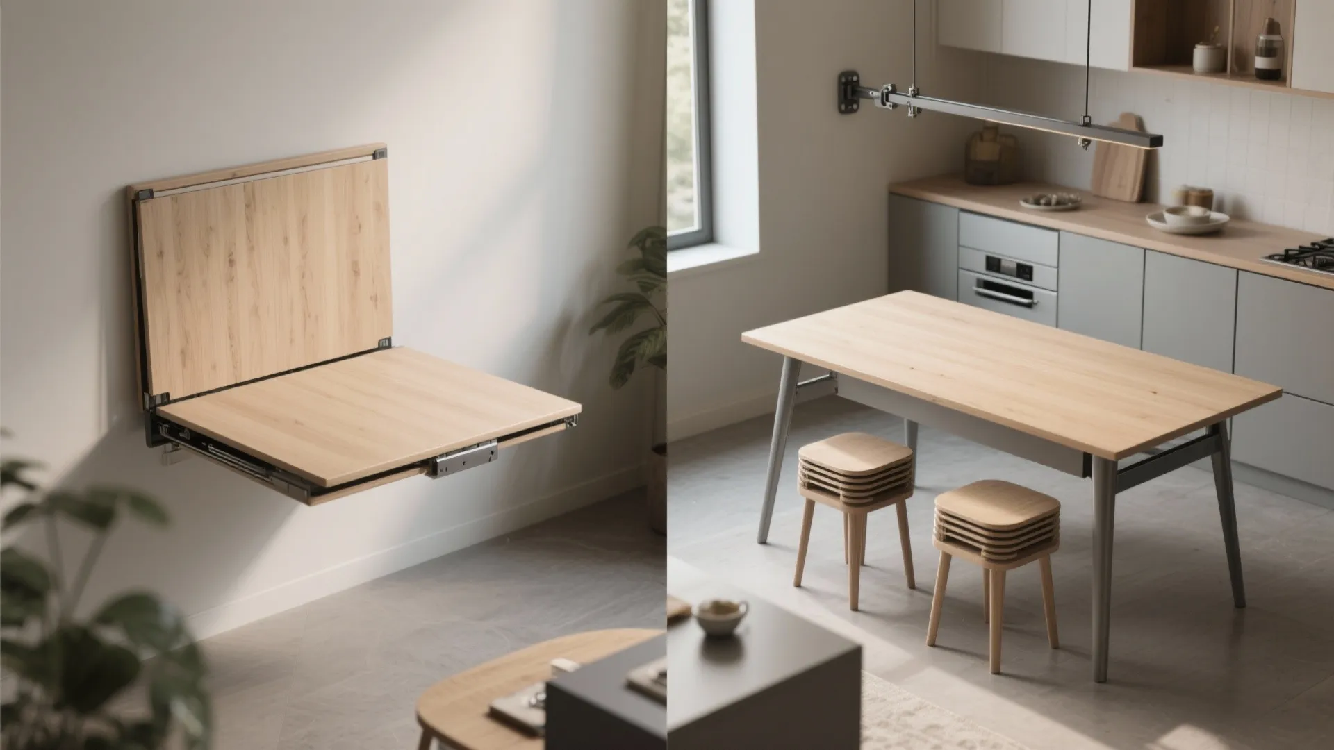 Top-down before-and-after of a drop-leaf table folded against a wall and extended for guests, showing hinge details.