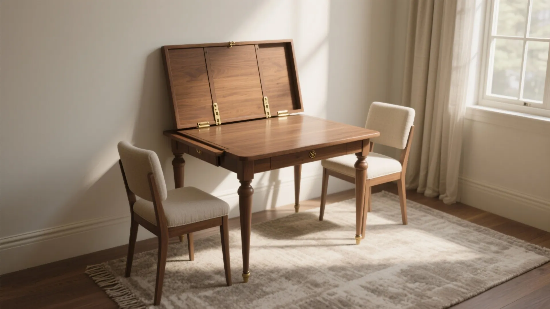Classic drop-leaf table folded against wall with two armless chairs and brass hinges.