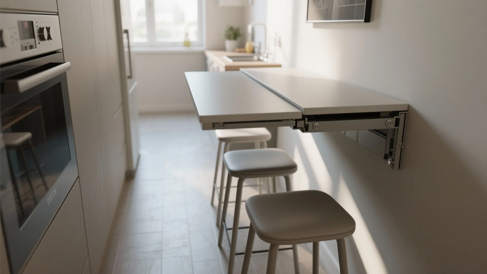 2. Narrow drop-leaf table paired with slim stools