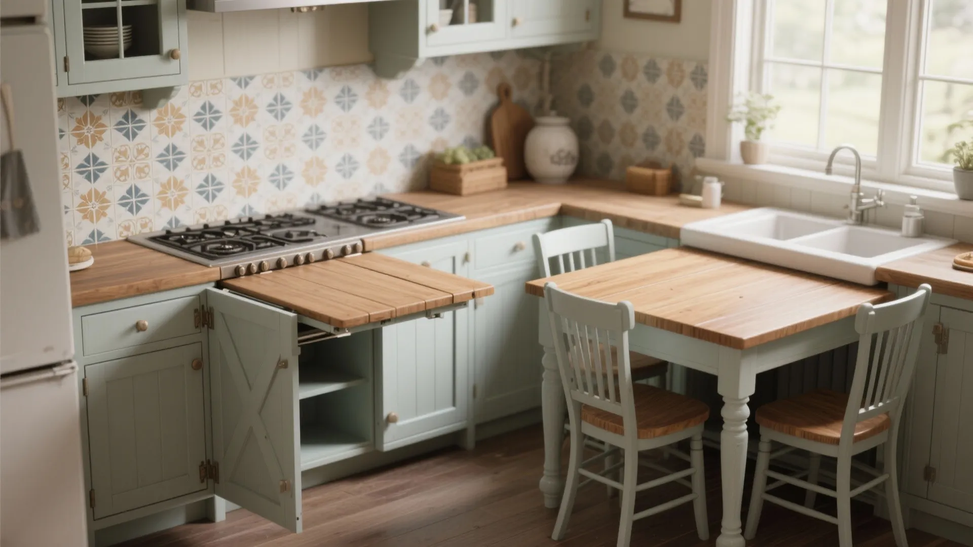 Light blue kitchen with wood countertop and a pull out table extending from base cabinet