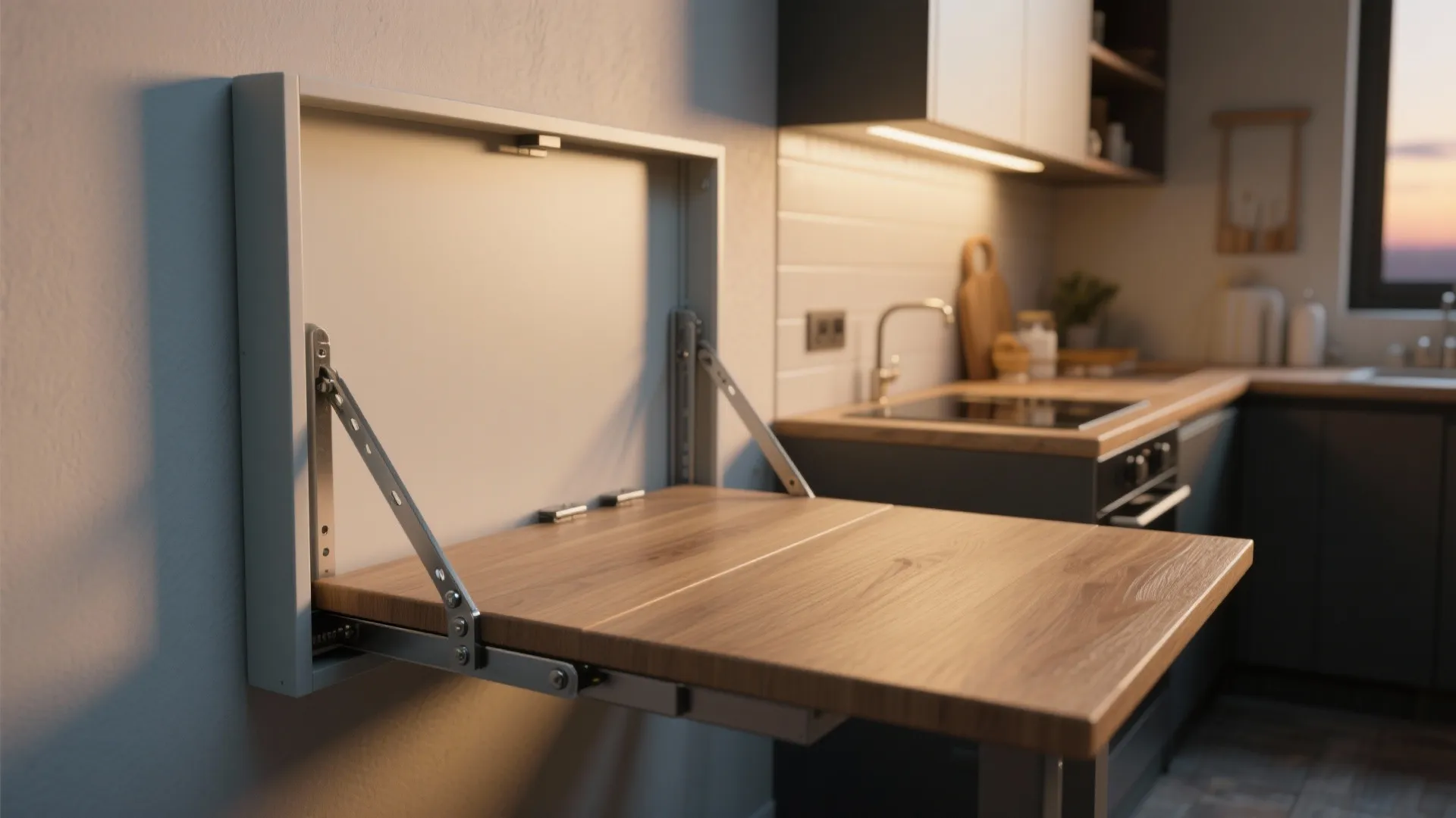 Wall mounted folding wood table opened in a kitchen with grey cabinets and white tiles