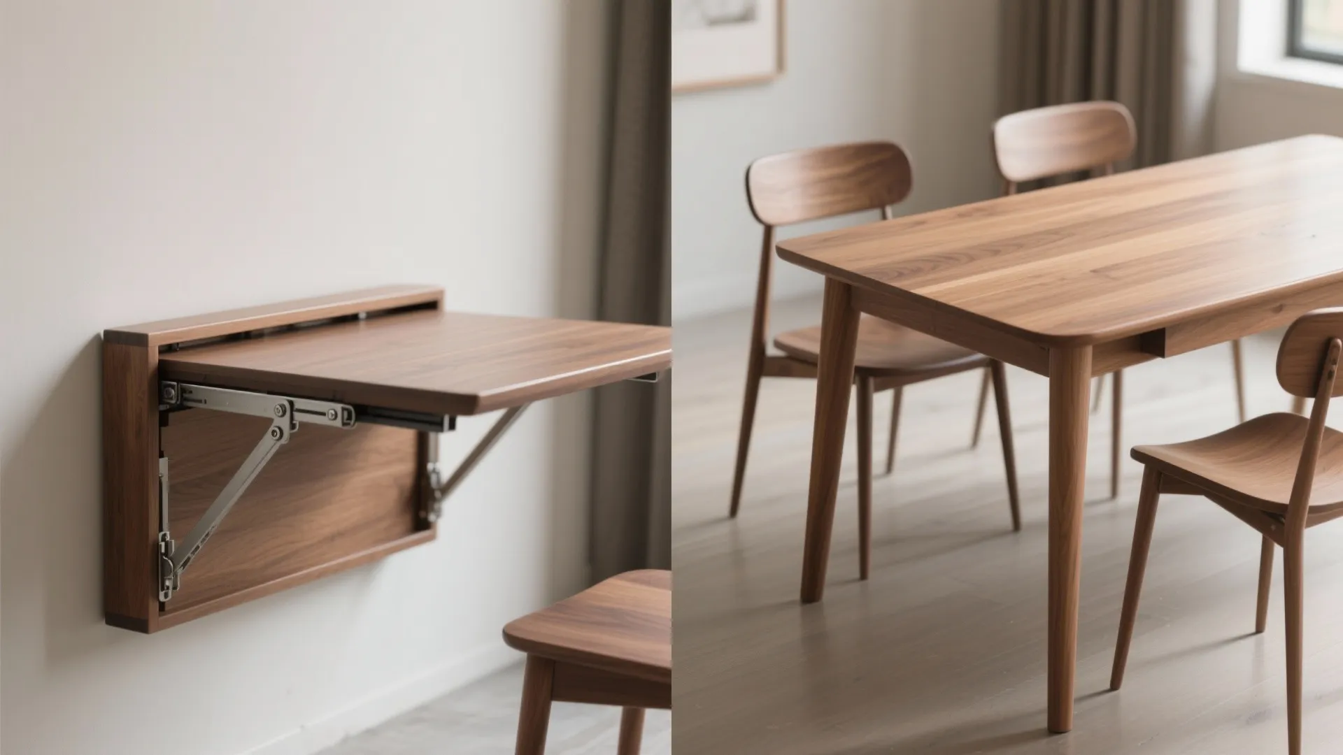 Wall mounted folding wood table shown closed against wall and open with wooden dining chairs